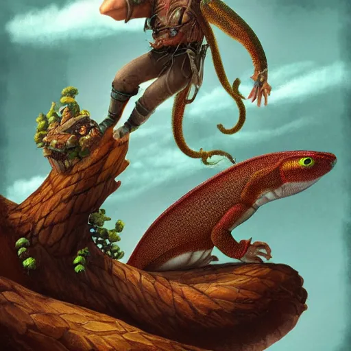 Image similar to a man rides on a gigantic Gecko, Fantasy Art