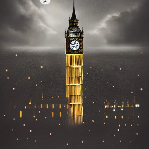 Image similar to A witch flying high in the sky using her broom stick,the Big Ben is in background, top down perspective,gloomy lighting,creepy atmosphere,digital art , highly detailed , high contrast, beautiful lighting, award winning , trending on art station, 8k, photo realistic