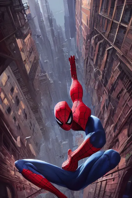 Image similar to hyperrealistic spiderman combined with a real spider by artgerm, tooth wu, dan mumford, beeple, wlop, rossdraws, james jean, marc simonetti, artstation giuseppe dangelico pino and michael garmash and rob rey and greg manchess and huang guangjian and makoto shinkai