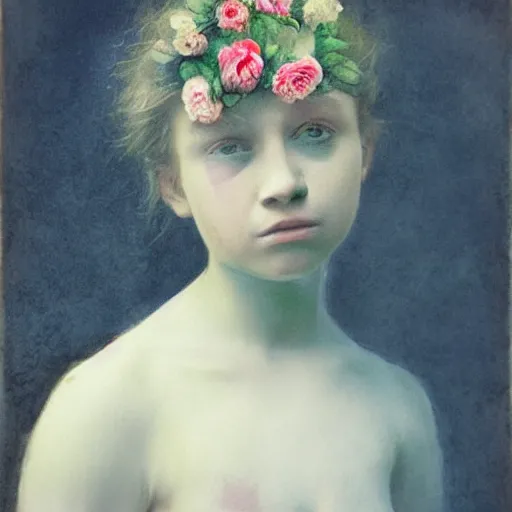 Image similar to close up of a beautiful girl morphing into a pattern of flowers, dirt watercolor by gottfried helnwein, by hammershøi, art noveau, highly detailed, lights by edward hopper, liminal, eerie, pastel colors, limited palette