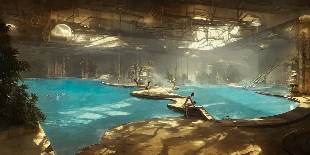 Image similar to swimming pool of a thermal fitness center, with hot spring, cinematic lighting, exaggerated detailed, unreal engine, art by greg rutkowski & peter mohrbacher