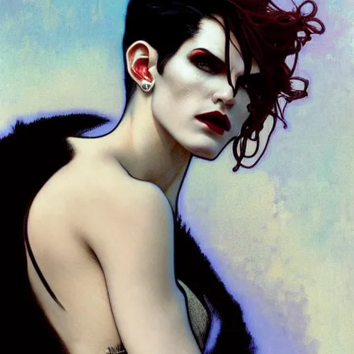 Image similar to stunning portrait of androgynous ruby rose as desire from sandman in a white tuxedo!!!, rockabilly style,, by alphonse mucha, by jeremy mann, by peter lindbergh, dave mckean, by frank moth, white suit and black tie, soft lightning, high detailed, 8 k