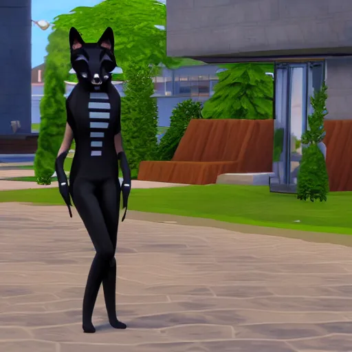 Image similar to humanoid anthropomorphic black fox as a character in The Sims 4, in game screenshot