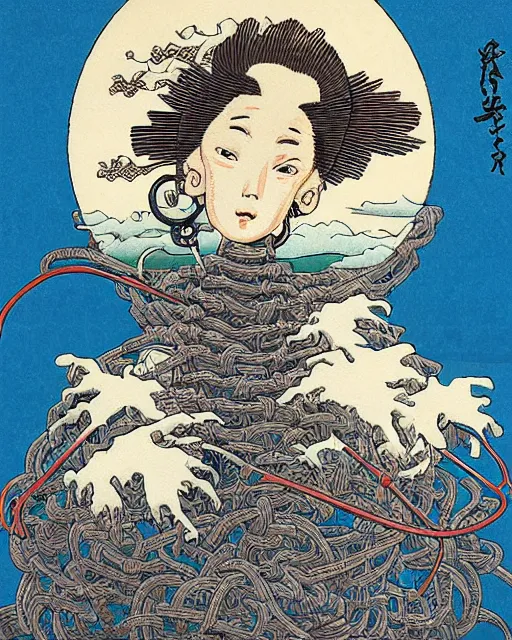 Image similar to Hokusai portrait of a robot saint made of cables and robotic pod by James Jean