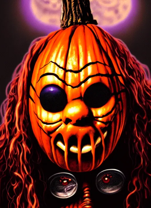 Prompt: highly detailed portrait of Sam from Trick R Treat, by John philip falter , 4k resolution, creepshow inspired, tales from the crypt inspired, vibrant but dreary but upflifting purple, black and orange color scheme!!! ((Haunted house))