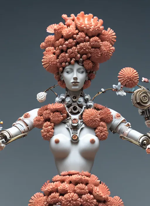 Image similar to biomechanical coral headdress, daisies, well contoured smooth fair walls with marble statue, carrying a bottle of perfume, up close shot, sharp focus, global illumination, radiant light, alexandre ferra white mecha, irakli nadar, octane highly render, 4 k, ultra hd,