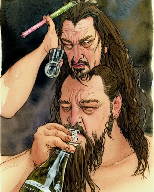 Image similar to a realistic and atmospheric watercolour fantasy character concept art portrait of a fat dirty qui - gon jinn drinking out of a bottle with pink eyes wearing a wife beater. by rebecca guay, michael kaluta, charles vess and jean moebius giraud