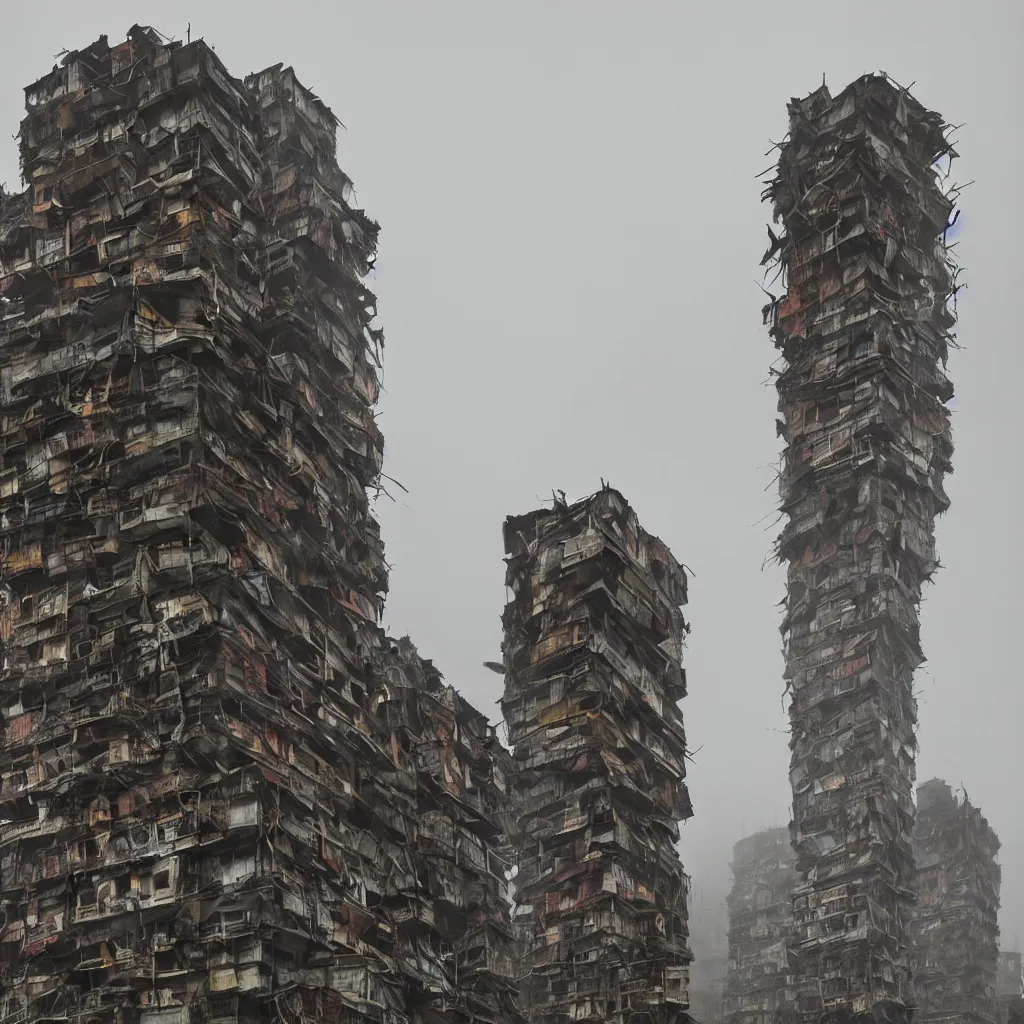 Image similar to close - up view of a tower made up of makeshift squatter shacks with faded colours, moody cloudy sky, uneven fog, dystopia, mamiya, fully frontal view, very detailed, photographed by andreas gursky