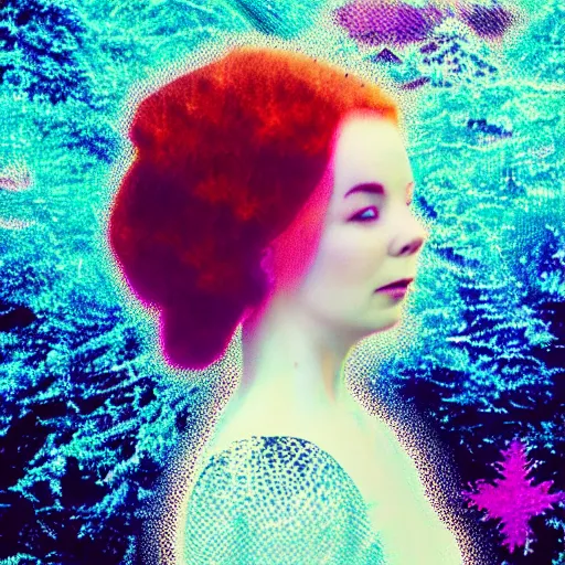 Prompt: “music album cover Bjork style redhead girl in a magic forest glitch noise pixelsorting RGB shift high resolution”