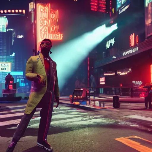 Image similar to 2 1 savage preforming on a stage in front of a crowd in cyberpunk 2 0 7 7, gameplay screenshot, detailed