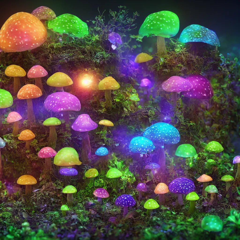 Prompt: macro photo of bioluminous mushrooms growing in a spheroid forest, 3d render, nightlight Study, by Jan Davidsz de Heem and Lisa Frank, Art Nouveau, 8k, extreme detail, sharp focus, cinema 4d render
