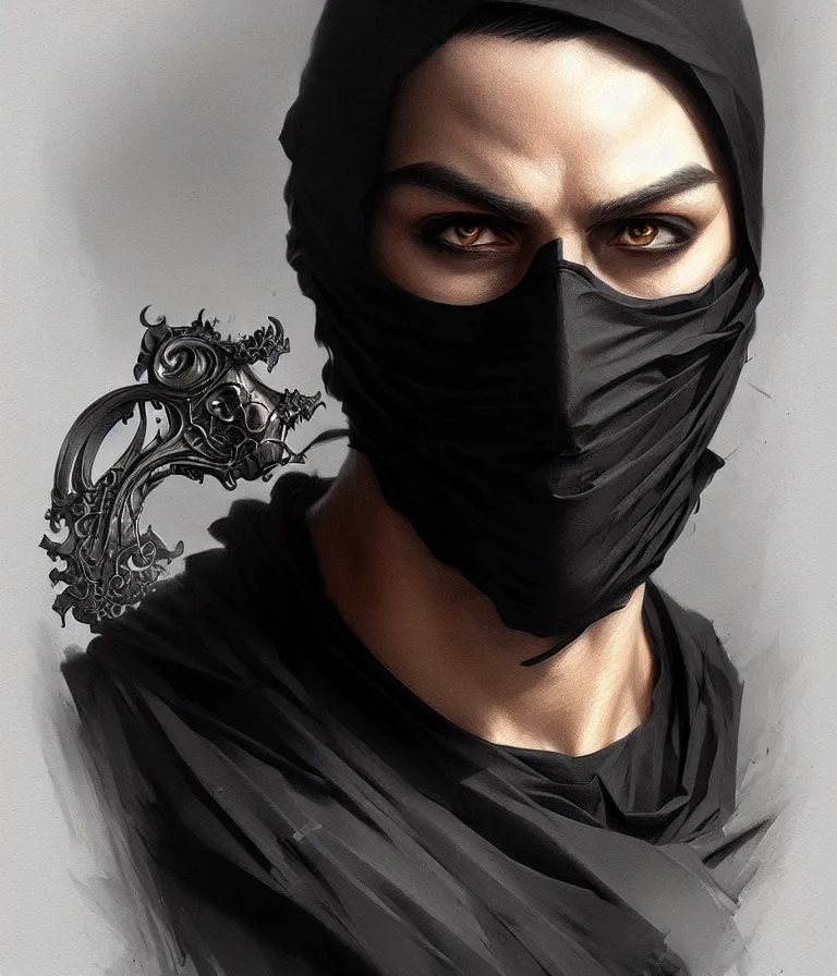 Image similar to ultra realistic illustration, a male with black mask, black t - shirt, intricate, elegant, highly detailed, digital painting, artstation, concept art, smooth, sharp focus, illustration, art by artgerm and greg rutkowski and alphonse mucha