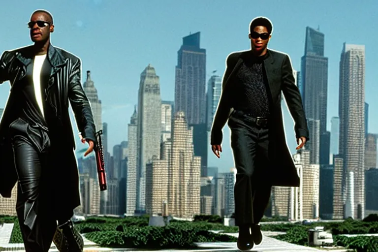 Image similar to film still of dwyane johnson as neo from the matrix standing on a roof top