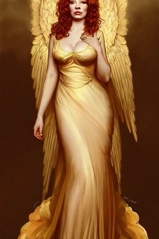 Image similar to a portrait of an angel christina hendricks wearing a golden dress, upper body, concept art, deep focus, sky, heaven, clouds, intricate, highly detailed, digital painting, artstation, matte, sharp focus, illustration, art by greg rutkowski and alphonse mucha