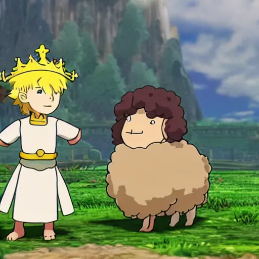 Prompt: king evan from ni no kuni 2 and a sheep