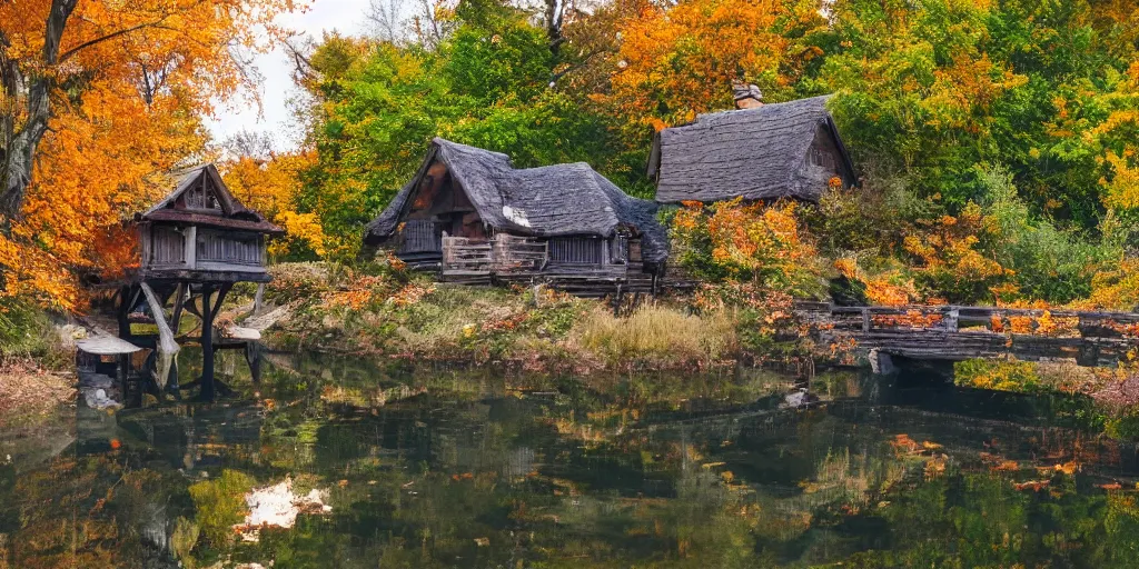 Image similar to a wooden cottage by the river with a bridge connecting to it, portrait, highly detailed, autumn, falling leaves, cozy, 8 k,