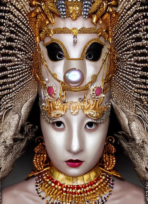 Image similar to hyperrealism, detailed textures, award winning autochrome photo, japanese pearl, beautiful animal pearl queen, kissing a egyptian animal pearl god, pearl silverplate, intricate, detailed facial pearl scary animal mask, pearl, golden jewelery, silverplate, ultra realistic, cinematic, intricate, cinematic light by steve mccurry, unreal engine 8 k