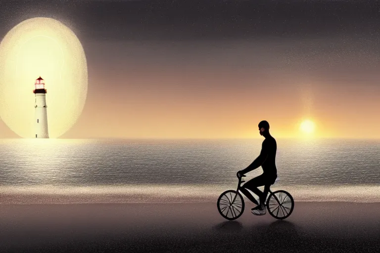 Image similar to photo of man riding a bicycle along the beach, glowing underwater toward a lighthouse in the distance, silhouette, wide horizon, large white clouds, night, intricate, elegant, highly detailed, digital painting, artstation, concept art, smooth, sharp focus, illustration, art by artgerm and greg rutkowski and fra angelico