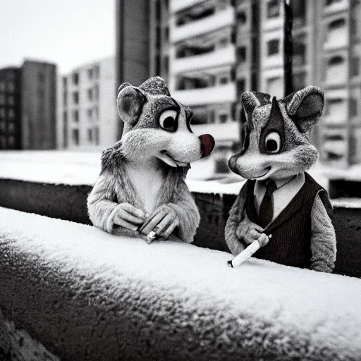 Prompt: realistic macro photo of Chip and Dale smoking cigarettes, winter, Plattenbau houses at the background