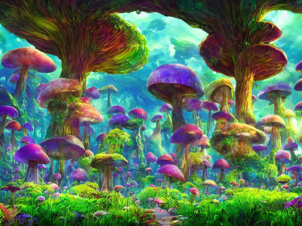 Prompt: a beautiful otherworldly fantasy landscape of giant luminous mushroom trees forming canopies over bright colorful mythical sprouted floral plants and colorful foliage on the ground, like alice in wonderland, extreme detail, studio ghibli and pixar and abzu, rendering, cryengine, deep color, blue and green and purple bioluminescent