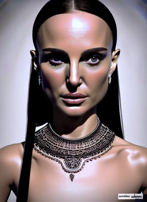 Image similar to 3 d printed model of an absurdly beautiful, graceful, sophisticated, fashionable woman, natalie portman, facial tattoos, in the style of irakli nadar and alexandre ferra and popovy sisters, intricate linework, white porcelain skin, faberge, intricate chrome chains, dark atmosphere, unreal engine 5 highly rendered, global illumination, radiant light, detailed and intricate environment