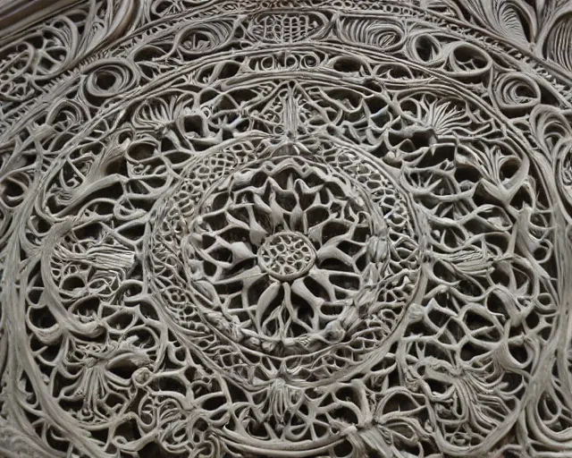 Image similar to wall craving filigree carved out of ivory about fishes fins scales, intricate insanely detailed