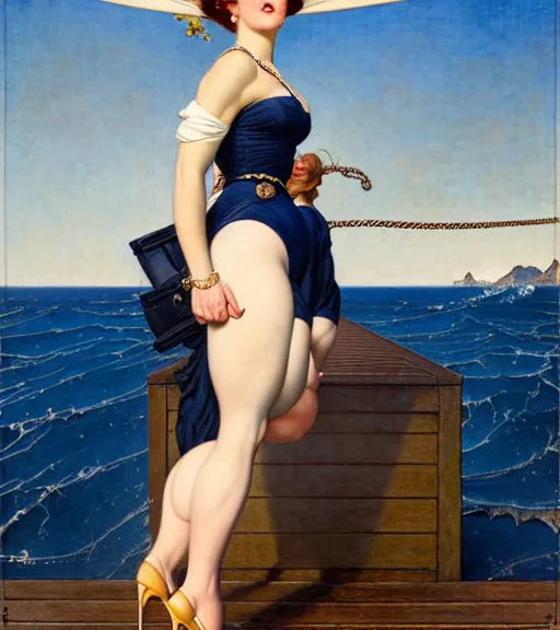 Image similar to a fancy beautiful plump young lady holding a purse standing on a wharf at the edge of the sea by brom and gil elvgren and jean delville and william blake and norman rockwell and michael whelan, crisp details, hyperrealism, high detail, high contrast, feminine features, stylish navy blue heels, gold chain belt, cream colored blouse