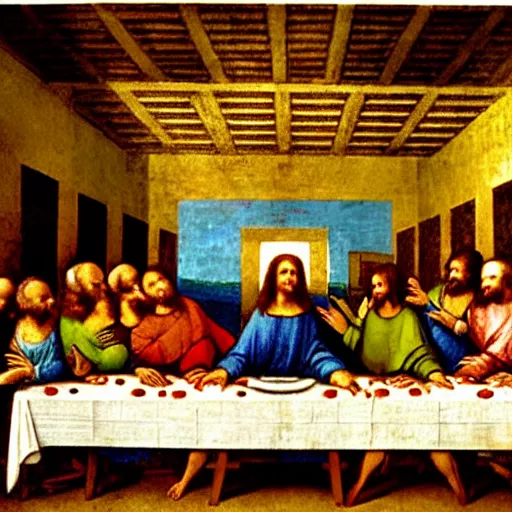 Image similar to in The Last Supper by Leonardo da Vinci, Jesus is eating a large delicious hamburger that has a beef patty, lettuce, and tomato