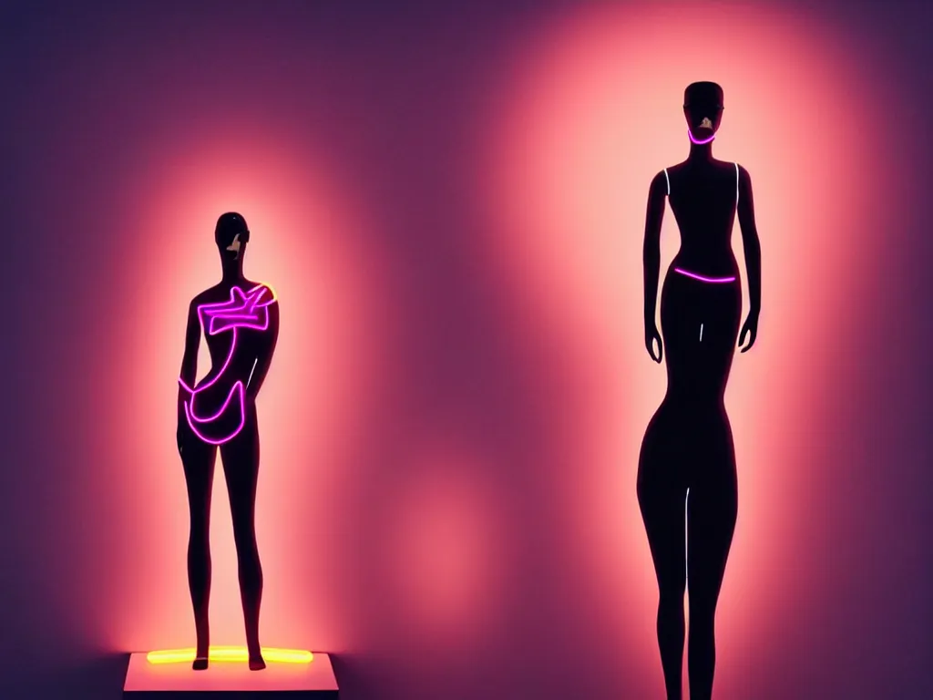 Prompt: beautiful mannequin sculpted out of black glass by billelis + lit with geometric neon dripping gold + moon in background!!!, facing a doorway opening with neon pink geometric fractal light + hosta flowers!, award winning, clean linework, dramatic, finely detailed, 4 k, trending on artstation, photorealistic, volumetric lighting, octane render