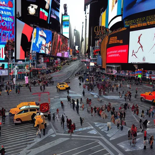 Prompt: Tsunami destroys Times Square, photorealistic, with a running crowd and tumbling cars