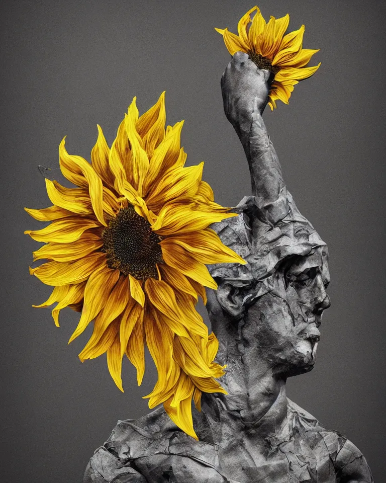 Prompt: symmetrical painting of a fractured obsidian greek statue of a sunflower fixed with kintsugi, rendered in octane trending on cgsociety. extremely detailed and intricate art