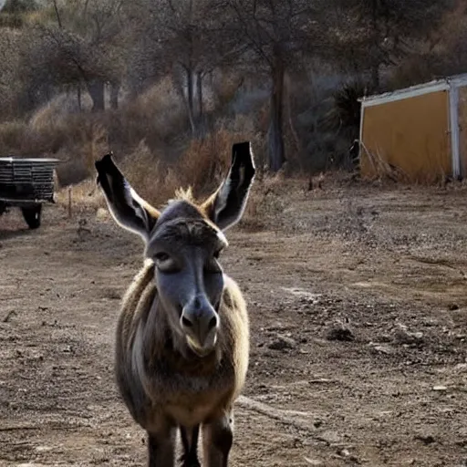 Prompt: a funny looking donkey being confused as to what to do in an apocalypse