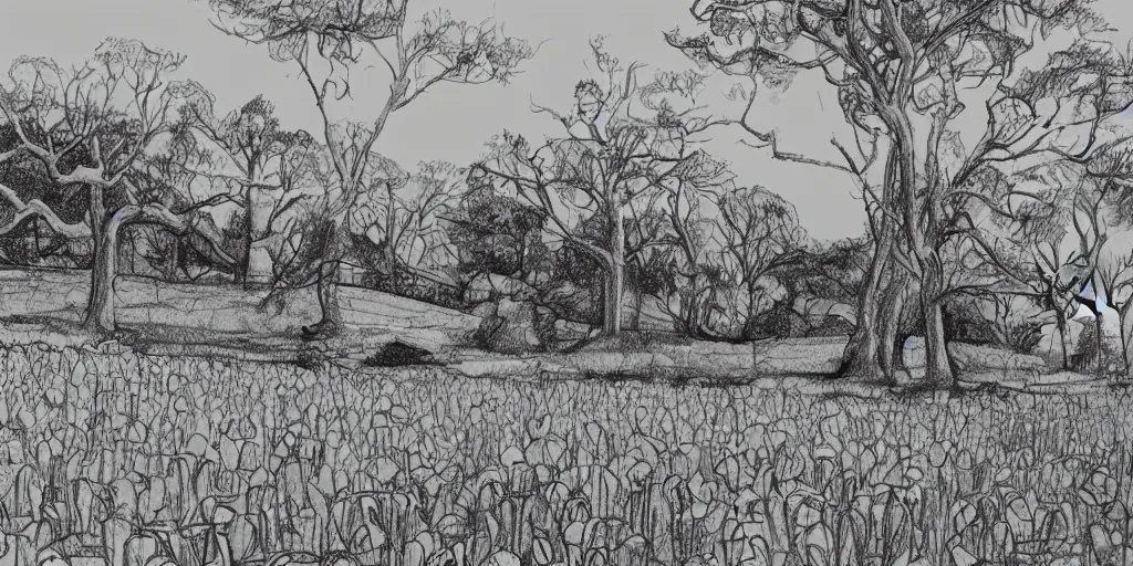Image similar to stunning drawing of a farm landscape by brian k. vaughan
