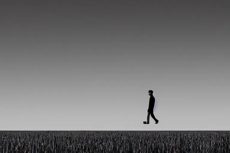 Prompt: a black and white photo of an endless plain with one single man walking amongst the grass, an album cover by hallsteinn sigurðsson, trending on behance, optical illusion, chillwave, concert poster, poster art