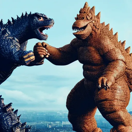 Image similar to a Caucasian man fighting with Godzilla