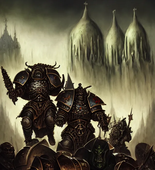 Prompt: armor _ portrait _ heros _ warhammer _ 4 _ 0 _ k _ - pestilence, nurgle warrior, champion _ the _ primarchs _ emperor _ by _ johannes _ helgeson _ animated _ with _ vfx _ concept _ artist _ _ with cathedrals in the background, battlefield, army fighting, undead illustrated by ruan jia