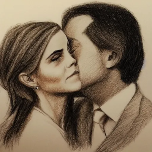 Image similar to emma watson kissing donald trump pencil sketch,