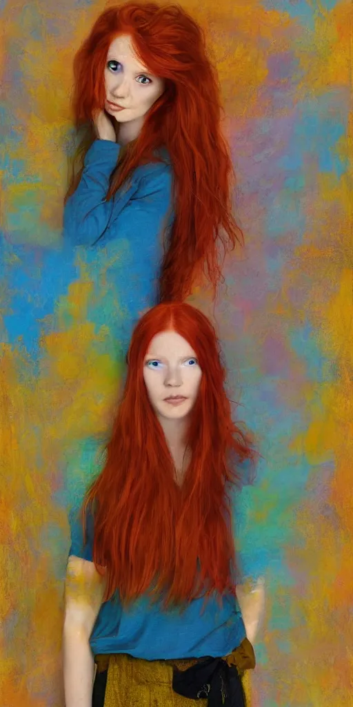 Image similar to Redheaded girl, androgynous in appearance, standing in colors of gold