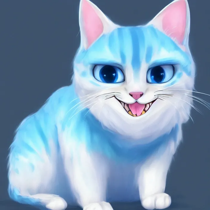 Prompt: cute cat of cheshire. an adorable cat with light blue stripes, shiny eyes and a big human like playful smile. award - winning digital art, trending on artstation