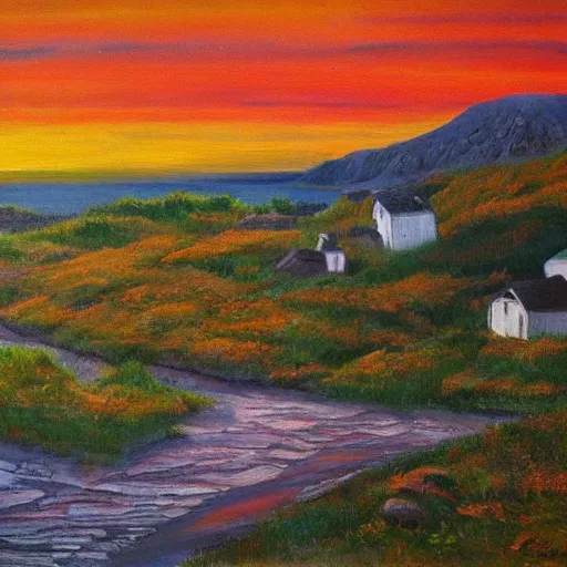 Prompt: overgrown norwegian village at the coast, sunset, arctic, beautiful, oil painting