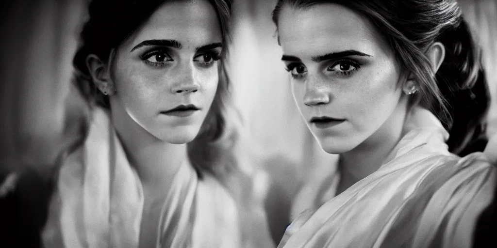 Prompt: portrait closeup portrait closeup portrait closeup portrait closeup Emma Watson long hair flowing silk robes baroque room candles mirrors cinematic lighting cinematic lighting cinematic lighting stanley kubrick barry lyndon 4k canon 5d mk4 colour