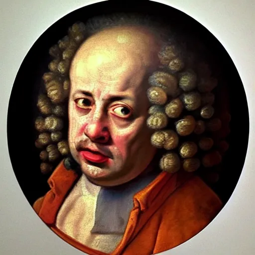 Image similar to A 17th century Baroque Painting of Gene Ween, grainy, realistic, hyperrealistic, very realistic, very very realistic, highly detailed, very detailed, extremely detailed, detailed, digital art, trending on artstation, detailed face, very detailed face, very detailed face, realism, HD Quality, 8k resolution, intricate details, body and head in frame, painting, oil painting, trending on deviantart, Baroque Painting