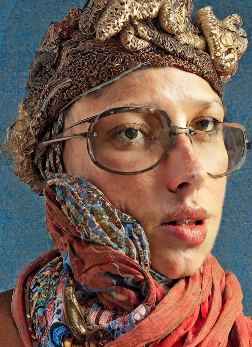 Prompt: close - up portrait of a beautiful woman wearing sunglasses a helmet a scarf and a balaclava with intricate psychodelic patterns, by edgar maxence and caravaggio and michael whelan and delacroix style, artistic, intricate drawing, light brazen, realistic fantasy, extremely detailed and beautiful aesthetic face, establishing shot, 8 k resolution, dramatic lighting