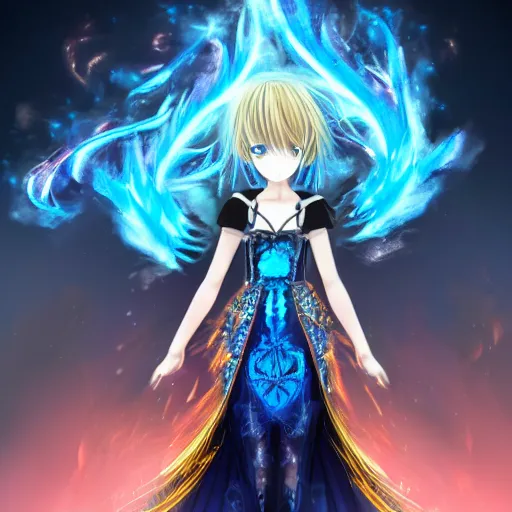 Prompt: a teenage anime girl wearing a very high intricate detailed dress made out of blue fire , full body, very long black/red hair, left eye is yellow and right eye is blue, heterochromatic eyes, intense stare, dress made out of blue fire, cinematic lighting, medium shot, MCU, trending on artstation, CSP, Photoshop, WLOP, Rossdraws, James Jean, Andrei Riabovitchev, Marc Simonetti, Anastasia Ovchinnikova, Véronique Meignaud, BEN MAIER and Sakimichan