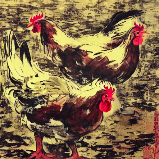 Prompt: chickens bathing in wine, Yoji Shinkawa