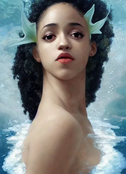 Prompt: dramatic upper body portrait of Nathalie Emmanuel as a dark-skinned la sirene Haitian mermaid goddess by Ruan Jia and Mandy Jurgens and Artgerm and william-adolphe bouguereau, underwater, white sheer fabric, white lilies, shells, mirrors, marvel comics, intricate, highly detailed, smooth, artstation, digital illustration by julie bell and Ruan Jia and Mandy Jurgens and Artgerm and William Adolphe Bouguereau and John Collier and Greg Rutkowski and Frank Frazetta