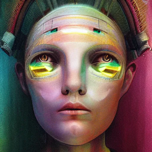Prompt: painting of a close - up on the face of a cyberpunk girl, into a trance, connected by cables in her head, in the style of agostino arrivabene, renaissance, dark, surrealism, low contrast