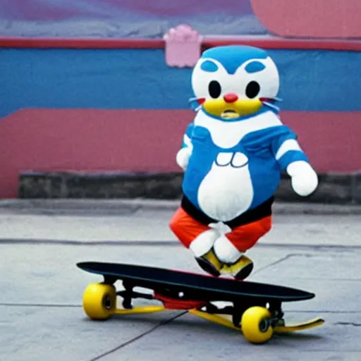 Prompt: doraemon performing skateboard tricks, wearing baggy clothing