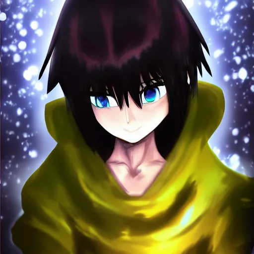 Prompt: focus face portrait of beautiful darkness 3 d anime gir as knight dark forest background snowing bokeh inspired by masami kurumada digital painting