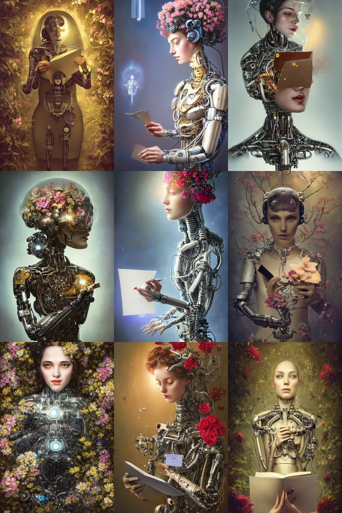 Prompt: a beautiful intricate fine art portrait photo of a happy futuristic cybernetic cyborg reading a letter, by tom bagshaw and anna dittman, perfection!, studio lighting, golden ratio composition, 5 0 mm lens, bionic robot overgrown with flowers, cybernetic scifi, deep depth of field, artstation, 8 k